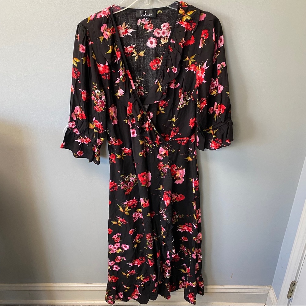 Lulu's Black  Moody Floral Wrap Maxi Dress